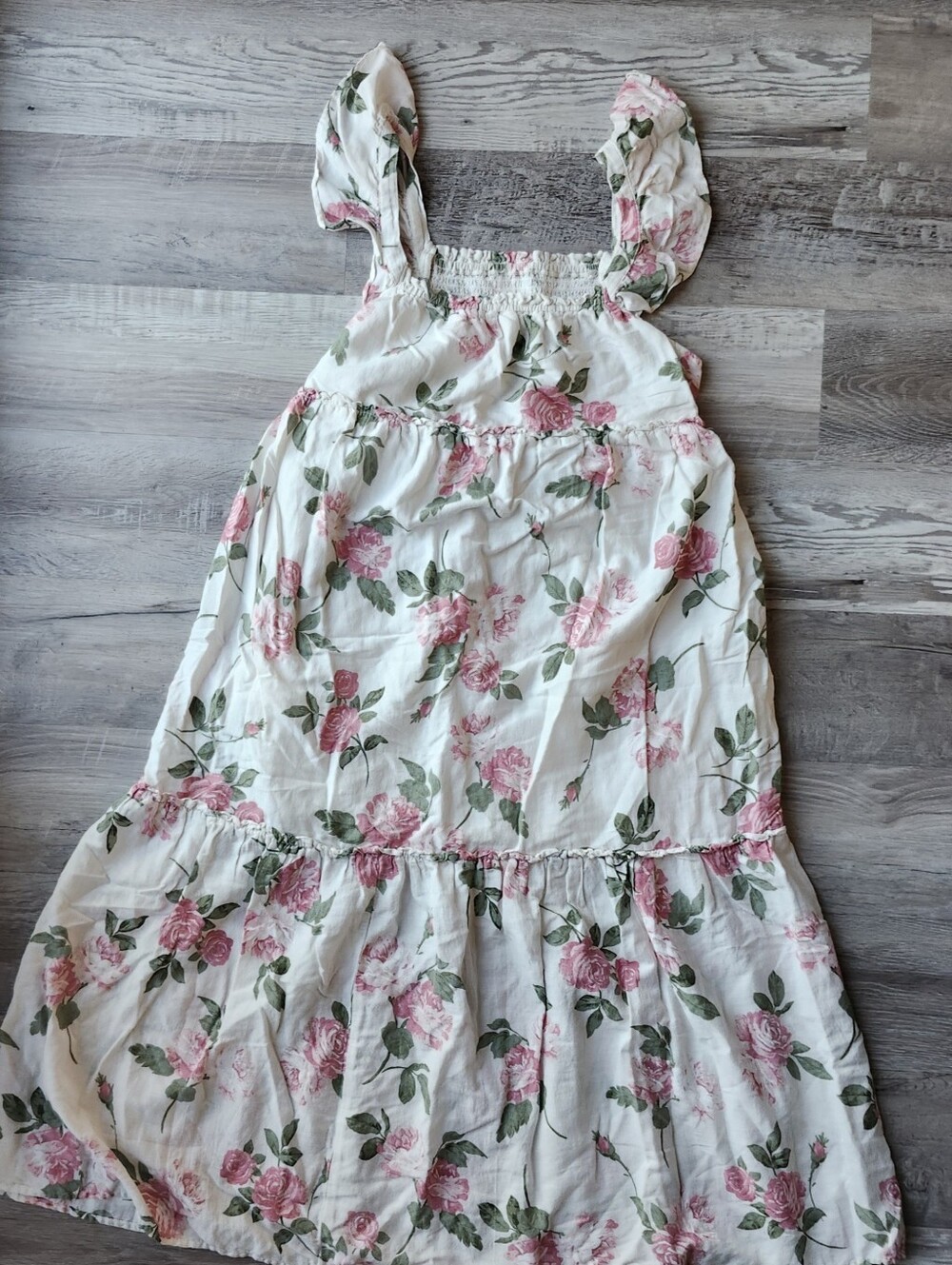 Old Navy Pink Floral Smocked Midi Dress Cottagecore Puff Sleeve M